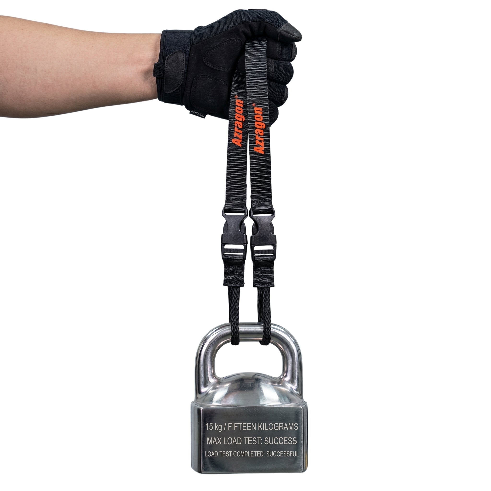 A gloved hand lifting a 15kg weight using the Azragon™ action camera neck lanyard to demonstrate the successful maximum load test and high-strength anti-drop security.