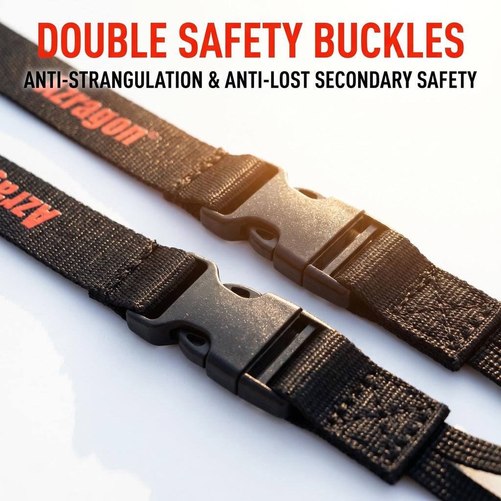 Close-up of Azragon™ action camera neck lanyard featuring double safety buckles for anti-strangulation and anti-lost secondary safety protection.