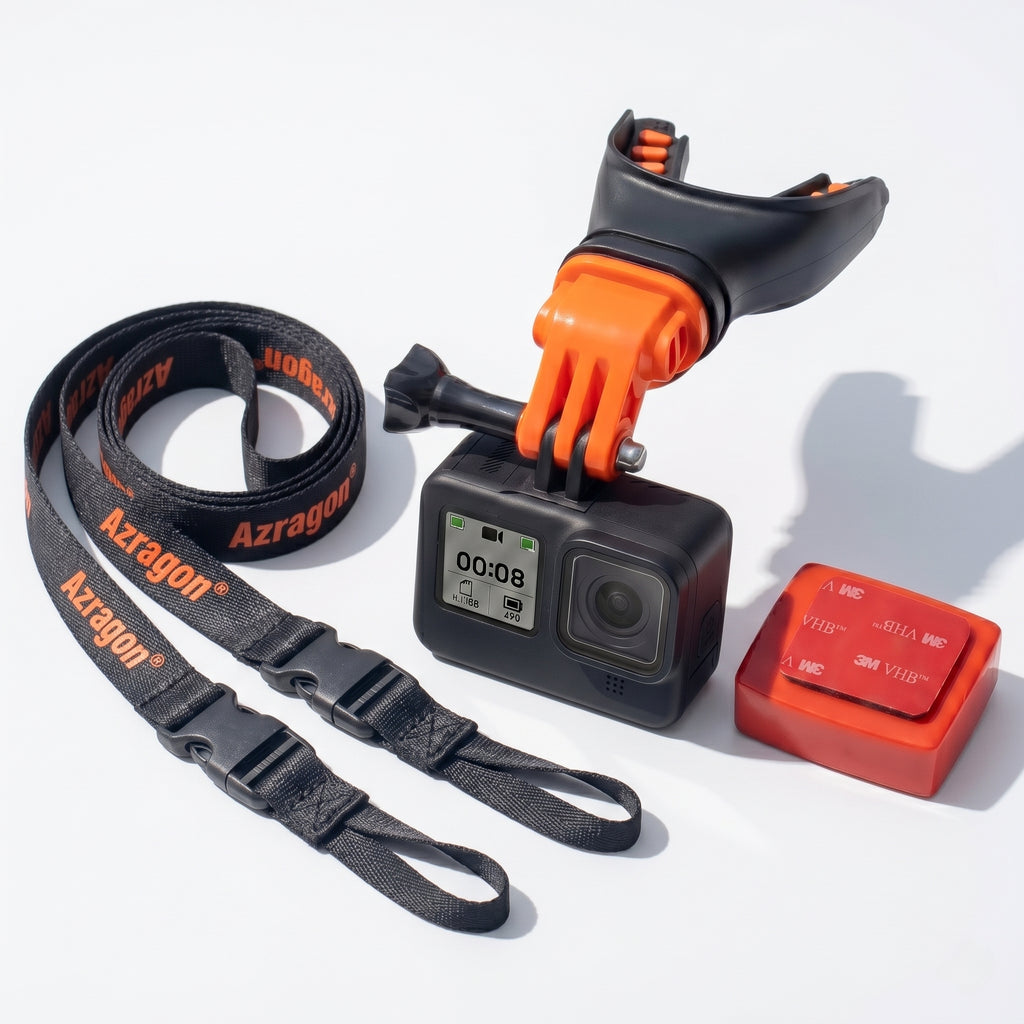 Azragon™ action camera mouth mount kit featuring a black bite mount, an anti-lost neck lanyard with dual quick-release clips, and a red 3M adhesive pad.