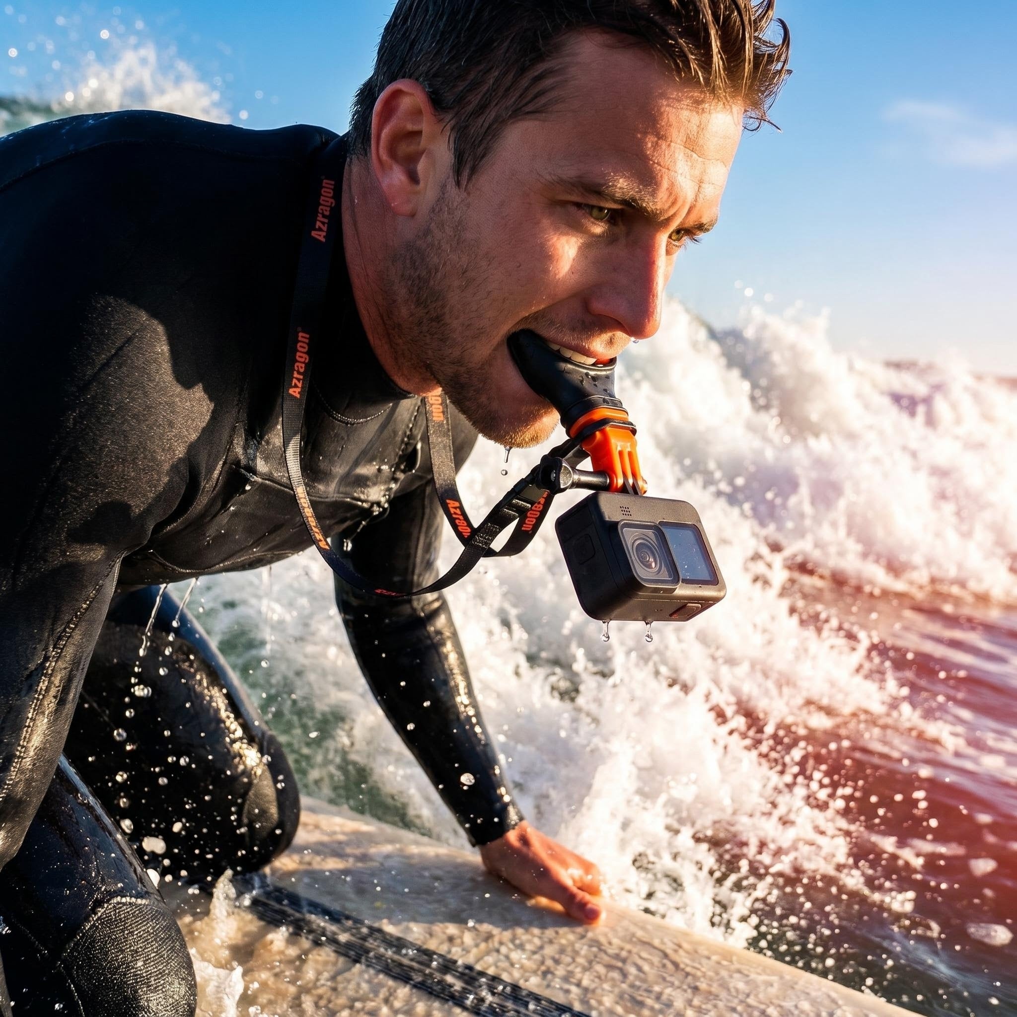A male surfer riding a wave on his surfboard while wearing the Azragon™ action camera mouth mount and dual quick-release safety neck lanyard for stable hands-free POV ocean photography.
