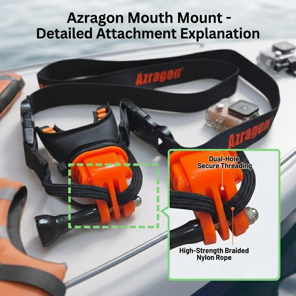 Detailed attachment explanation of the Azragon™ action camera mouth mount, showing the dual-hole secure threading design with high-strength braided nylon rope for reliable surf photography security.