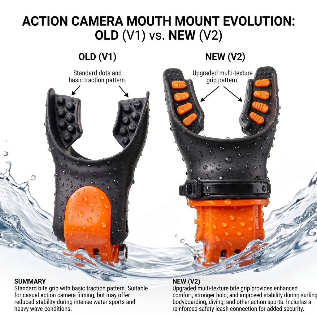 Evolution of the Azragon action camera mouth mount, comparing the old V1 basic design with the new V2 upgraded multi-texture grip pattern for enhanced surfing stability and reinforced safety leash connection.