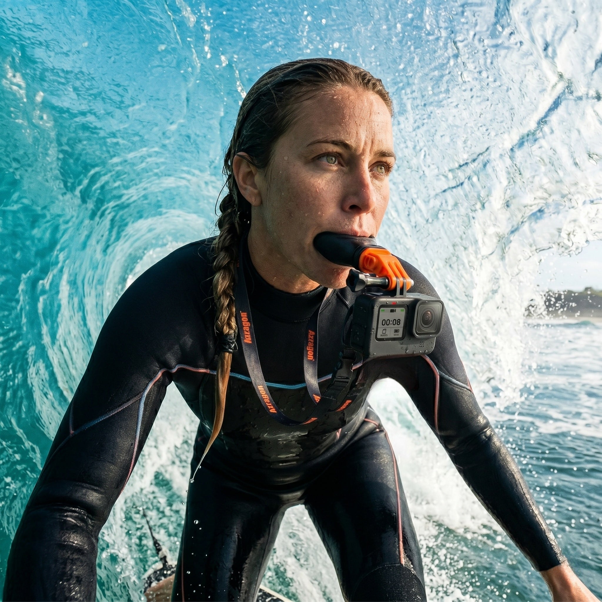 A female surfer riding an ocean wave while using the Azragon™ action camera mouth mount and anti-lost neck lanyard to capture hands-free POV summer surfing footage.